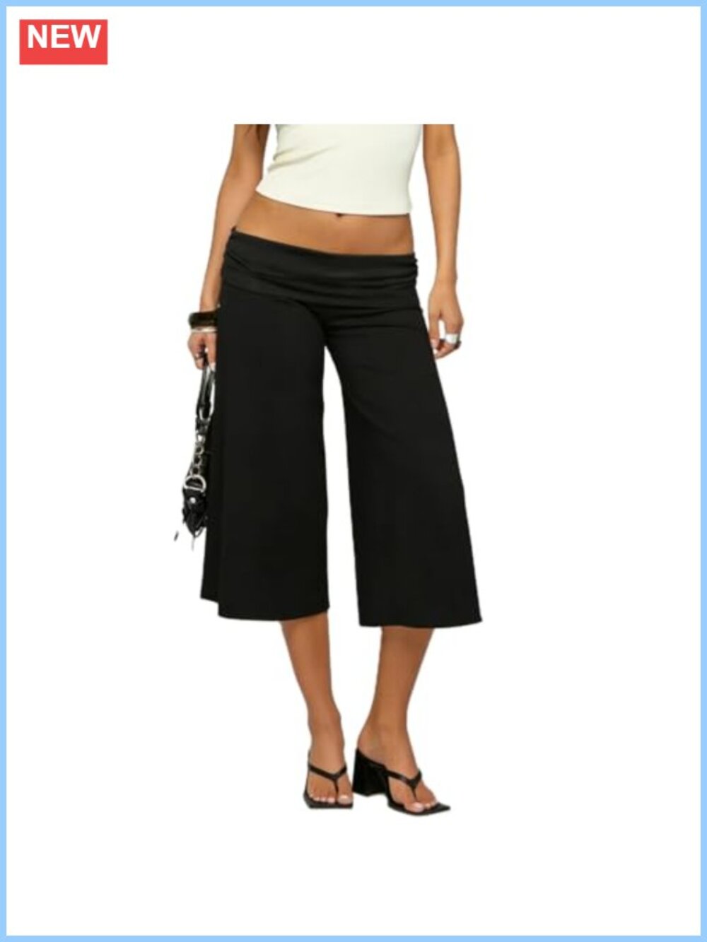 RUEWEY Women Fold Over Capri Pants Low Rise Wide Leg Flowy Gaucho Yoga Lounge